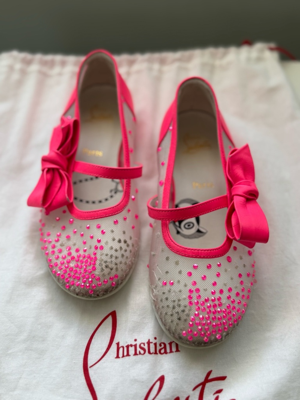 Christian Louboutin Girls Pink Crystal Mary Jane Bow Shoes - Picture 2 of 3